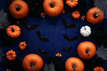 Canvas Print - halloween party background from pumpkins, bats, spider web top view. happy halloween holiday greetin