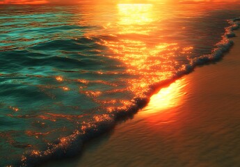 Aufkleber - A serene sunset reflects on the waves, creating a vibrant interplay of colors on the water's surface near the shore.
