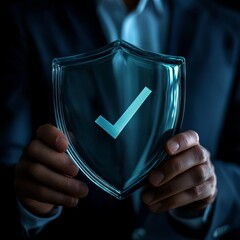 Aufkleber - Businessman hold low poly polygon shield with a tick icon.Secure Access System Concept.Business Financial Warranty for Investment.antivirus concept.Technology security.Protection network,safe data