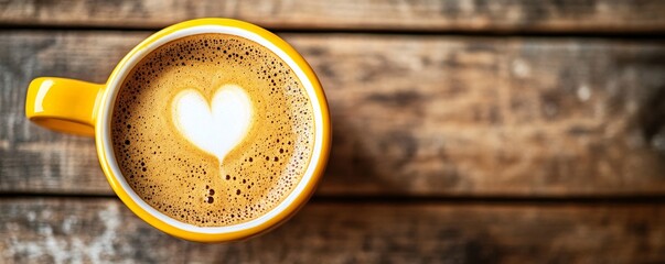 Wall Mural - Yellow coffee cup with heart shaped foam on rustic wooden table