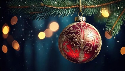 Wall Mural - Close-up of a red and gold ornament on a Christmas tree branch, with twinkling lights