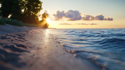 Wall Mural - A beautiful beach scene with the sun setting in the background