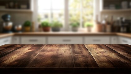 Fototapete - A rustic wooden tabletop with a blurred kitchen background, creating a warm and inviting atmosphere.