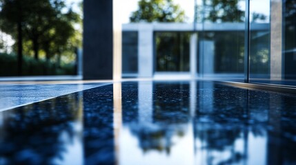 Aufkleber - Modern building reflecting on wet polished granite floor