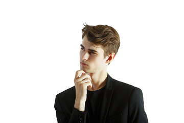 Poster - Young man in formalsuit with hand on chin, gazing thoughtfully to the side on a plain white background. Concept of thinking, decision-making