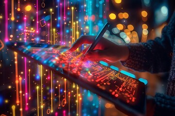 Hand using stylus on tablet displaying colorful digital data streams at night.