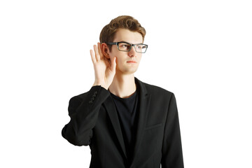 Poster - Man in a suit and glasses holding hand to his ear, posing on white background, concept of listening, rumor or gathering information