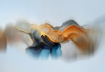 Aufkleber - Abstract art featuring swirling, translucent colors in shades of gold, blue, and gray.  The fluid forms resemble mountains or clouds, creating a dreamy, ethereal atmosphere.