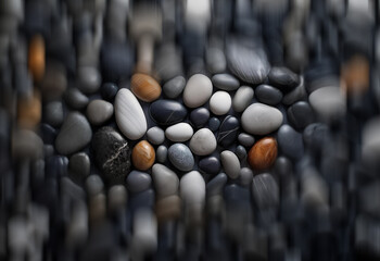 Poster - A close-up shot reveals a collection of smooth, grey, white, and brown stones arranged centrally against a blurred background of similar stones.  The contrast between the sharp focus of the central st