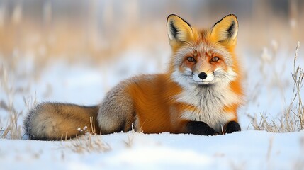 Sticker - Red fox lying in snowy field, looking directly at camera.