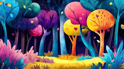Wall Mural - Colorful cartoon trees in a magical forest, with a yellow pathway leading through.