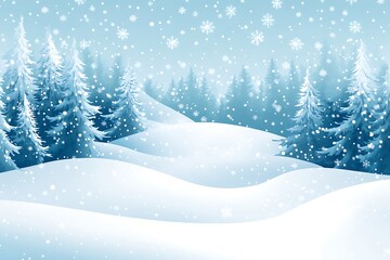 Poster - A serene winter landscape with snow-covered hills and pine trees, gently falling snowflakes creating a tranquil atmosphere.