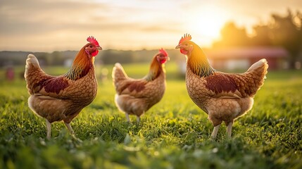 Poster - Three brown chickens in a grassy field at sunset.