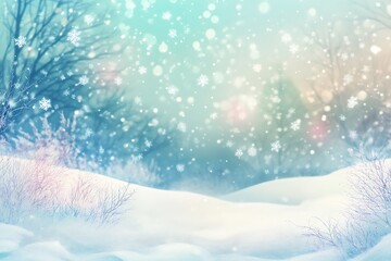 Poster - A serene winter landscape with softly falling snow, gentle hues of blue and pink, and a tranquil atmosphere created by trees and snow-covered ground.