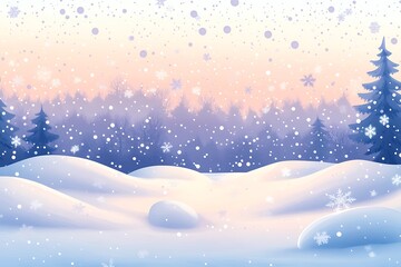 Poster - A serene winter landscape featuring soft snow, gentle hills, and pine trees under a pastel sky with falling snowflakes.