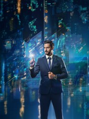 Aufkleber - A businessman in a suit interacts with a digital interface of data and graphs.