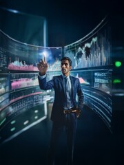 Aufkleber - A man in a suit, standing in front of a wall of curved screens displaying data and charts.