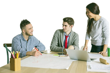 Poster - Three young people collaborating at a table, discussing ideas. White background, casual attire, teamwork, and creativity concept