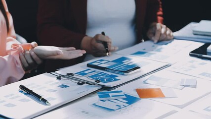 Wall Mural - close up ux developer and ui designer brainstorming about mobile app interface wireframe design on t