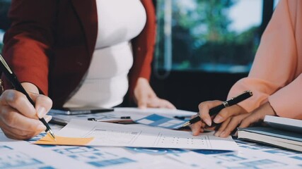 Wall Mural - close up ux developer and ui designer brainstorming about mobile app interface wireframe design on t