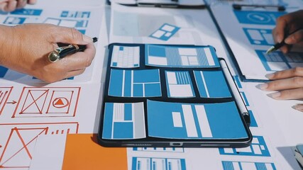 Wall Mural - close up ux developer and ui designer brainstorming about mobile app interface wireframe design on t