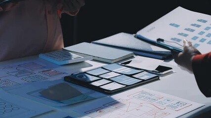 Wall Mural - close up ux developer and ui designer brainstorming about mobile app interface wireframe design on t