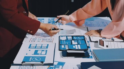 Wall Mural - close up ux developer and ui designer brainstorming about mobile app interface wireframe design on t