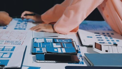 Wall Mural - close up ux developer and ui designer brainstorming about mobile app interface wireframe design on t