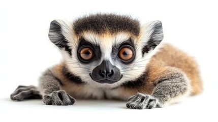 Wall Mural - Adorable baby ring-tailed lemur with large orange eyes, lying down on white background.