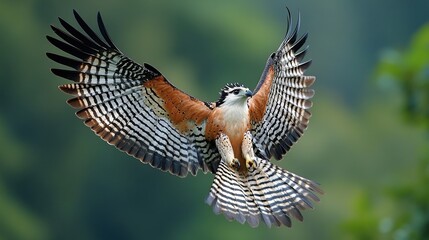 Poster - A vibrant red-shouldered hawk in flight, wings spread wide, showcasing intricate feather patterns against a blurred green background.