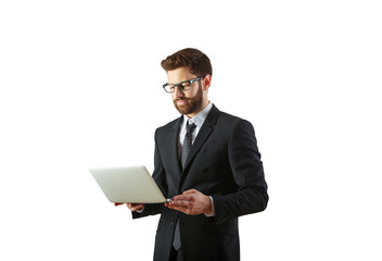 Poster - Man in suit holding laptop, isolated on white background. Professional appearance, modern technology use, concept of business and work