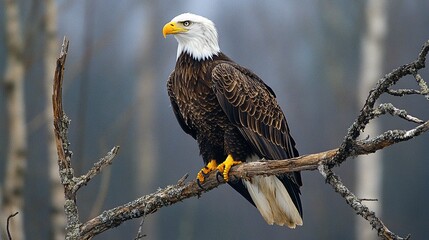 Wall Mural - Majestic bald eagle perched on a dead tree branch, overlooking a blurred forest background.