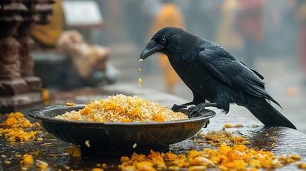 Wall Mural - Black crow pecking at rice offering in a dark brown bowl, surrounded by yellow flower petals on a wet stone surface.