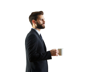 Poster - Side profile of a businessman wearing a suit, holding a white coffee cup, isolated on a clean white background. Concept of professional lifestyle