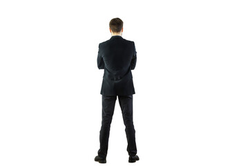 Poster - Rear view of a man in a formal suit standing with arms crossed, isolated on a white background. Professional attire concept