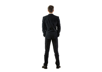 Poster - A man in a formal suit standing with his back turned on a clean white background. Isolated figure, suitable for professional or business concepts