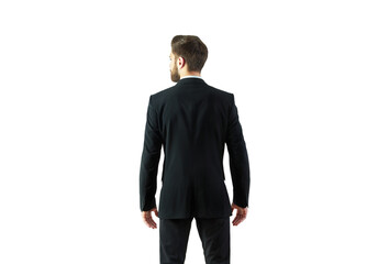 Poster - Back view of a man wearing a formal suit standing against an isolated white background. Perfect template for business or professional concepts