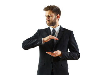 Poster - Man in formal business attire gesturing with hands, isolated on white background, concept of presentation, professionalism, or measurement