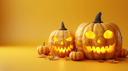 Carved Halloween Pumpkins on Yellow Background