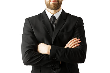 Poster - Businessman in formal attire crossing arms, isolated on a clean white background. Represents confidence, professionalism, and corporate style