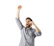 © peshkova - Man in checkered shirt smiling and cheering with raised arm, isolated on a white background. Concept of happiness, success, and celebration