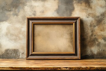 Vintage photo frame on wooden table over grunge background