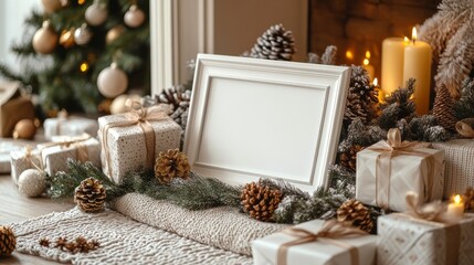 Wall Mural - Blank frame amid festive decorations. Suitable for holiday themed designs, Christmas promotions, and customizable greetings. Perfect for adding personalized messages