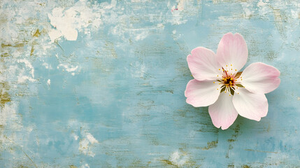 Wall Mural - Single pink blossom on rustic light blue wooden background.