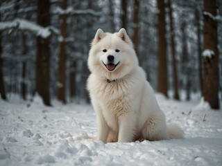 Wall Mural - Samoyed dog sitting in a snowy forest.