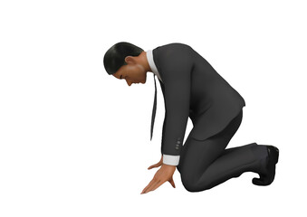 3d rendering of a businessman kneeling on a white background