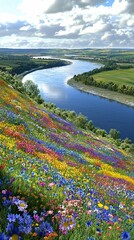 Wall Mural - A vibrant hillside covered in colorful wildflowers next to a serene river.