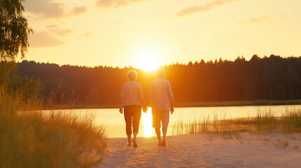 Wall Mural - elderly couple strolling hand in hand along the beach at sunset, bathed in the warm glow of the gold
