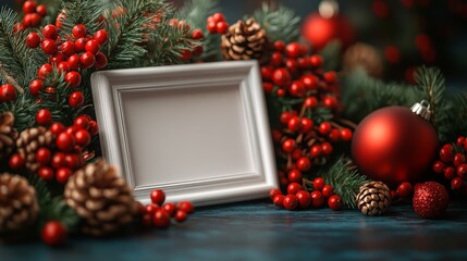Wall Mural - blank frame amid festive decorations. suitable for holiday themed designs, christmas promotions, and