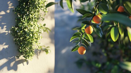 Poster - Ripe tangerines hanging from branch near wall with climbing plant